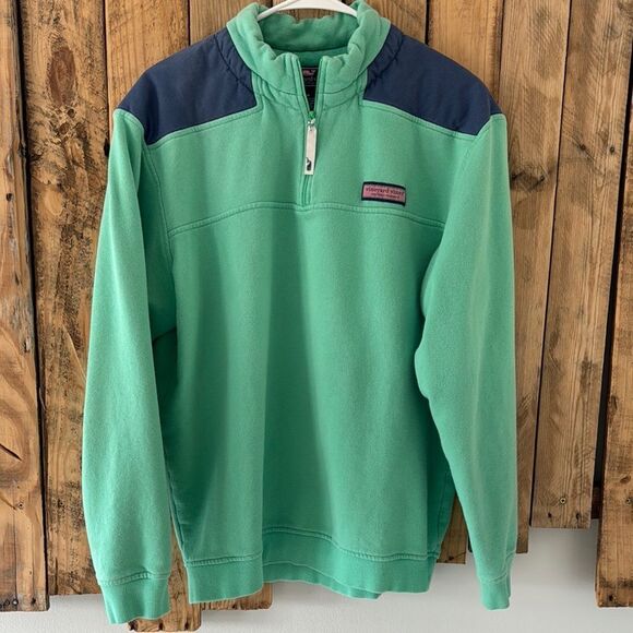Vineyard Vines Mens M Shep Quarter Zip Sweatshirt Green Blue Preppy‎ Logo Shirt - Picture 2 of 12